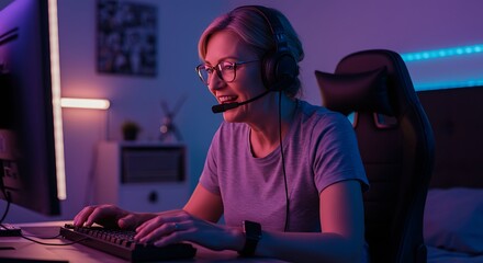 A woman in her 40s, wearing glasses and gaming headphones, plays a technical and competitive video game in her bedroom. The room is lit by neon LEDs (purple and