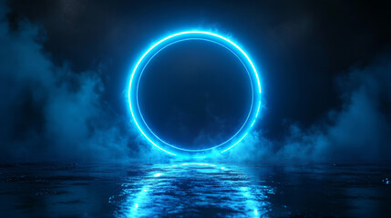 Futuristic neon-blue circular design on a dark backdrop resembling a mystical portal, suitable for branding mockups