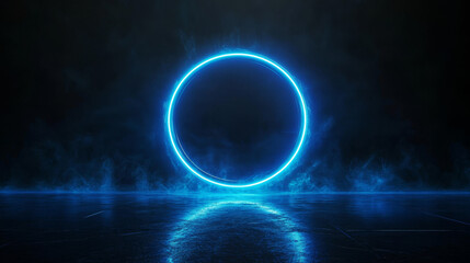 Futuristic neon-blue circular design on a dark backdrop resembling a mystical portal, suitable for branding mockups