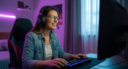 A woman in her 40s, wearing glasses and gaming headphones, plays a technical and competitive video game in her bedroom.