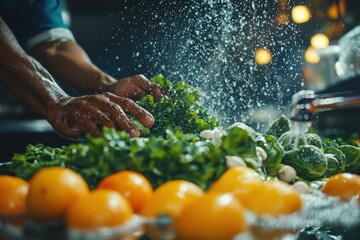 Young couple preparing fresh vegetables in a bright kitchen, enjoying a cheerful moment together while washing produce
