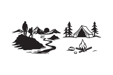 Fototapeta premium Camping and Hiking Adventure Silhouette Scene Wilderness Tent Fire Mountain Clipart