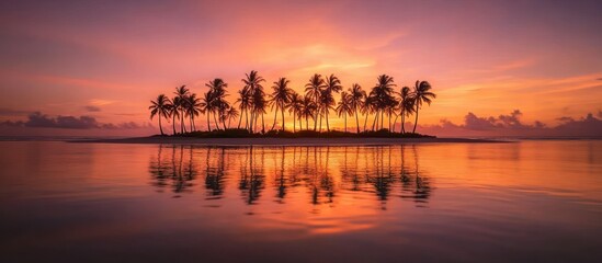 Tropical island at sunset, calm water reflection