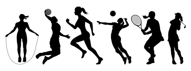 Women sports vector illustration. soccer baseball football basketball volleyball tennis rugby ball sports .
