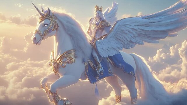 Majestic winged unicorn and ethereal figure soaring through vibrant clouds at sunset