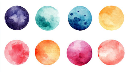 Hand-painted watercolor circles in a variety of colors and textures, forming a set of abstract blot-like designs