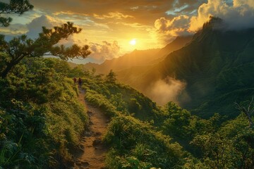 Hikers explore a winding trail at sunset in a lush mountainous landscape filled with vibrant clouds and scenic views