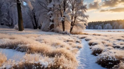Snow covered meadow with a path leading towards a forest as the sun rises, creating a scenic winter landscape. - Powered by Adobe
