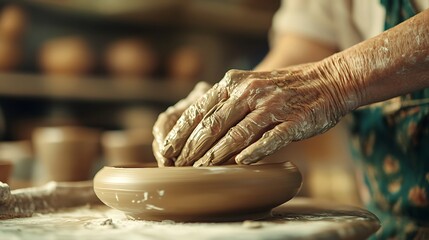 A close-up of a potter's hands in her home studio. Her hands, covered in clay, are shaping a piece on a lathe. 