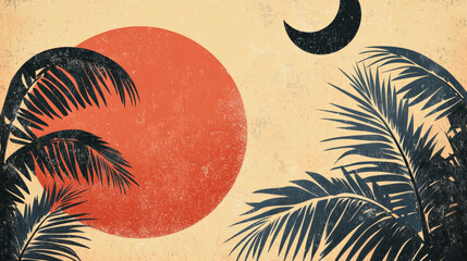 Mid-century modern tropical summer illustration with textured moon and palm silhouettes, ideal for prints, boho decor, or wallpapers. Vector format