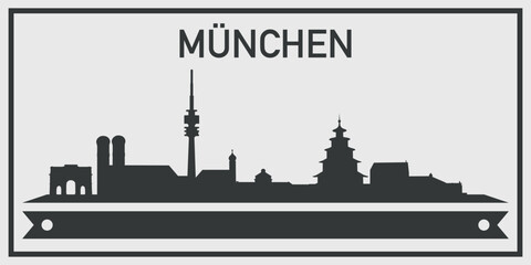 Silhouette of Munchen city skyline with minimalistic design in black and gray color scheme and decorative ribbon for text on the bottom. Vector on a gray background