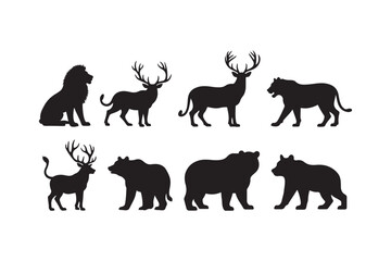 Wild Animal Silhouettes Vector Set Lion, Deer, Bear, and Tiger Outlines