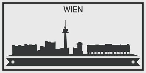 Obraz premium Silhouette of Wien city skyline with minimalistic design in black and gray color scheme and decorative ribbon for text on the bottom. Vector on a gray background