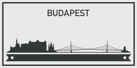Naklejka premium Silhouette of Budapest city skyline with minimalistic design in black and gray color scheme and decorative ribbon for text on the bottom. Vector on a gray background