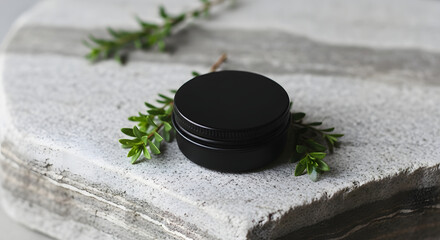 Black cosmetic jar, thyme sprig, and stone background, product mockup, skincare concept.