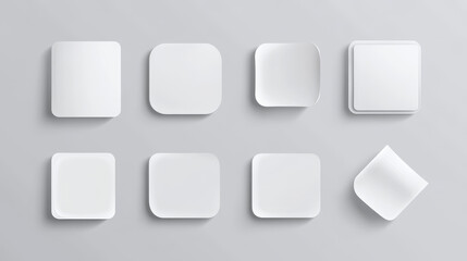 Realistic sticker collection showing round and square shapes with curled corners and shadow effects, designed for mockups