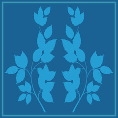 Naklejka premium a symmetrical pattern of two branches with leaves in light blue on a dark blue background with a frame.