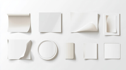 Realistic sticker collection showing round and square shapes with curled corners and shadow effects, designed for mockups