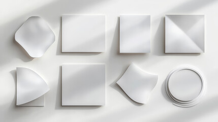 Realistic sticker collection showing round and square shapes with curled corners and shadow effects, designed for mockups