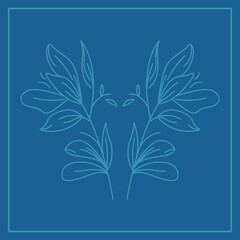 The composition is symmetrical with a frame and two stylized plant elements resembling branches with leaves, executed in light blue on a dark blue background.
