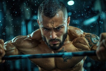 Focused athlete pushing limits during intense workout session in a dimly lit gym with water droplets glistening on his muscular physique