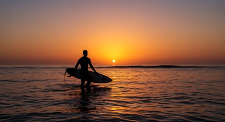The silhouette of a surfer entering the sea at dawn. The sun is rising, painting the sky with shades of orange and pink.