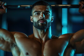 Focused athlete pushing limits during intense workout session in a dimly lit gym with water droplets glistening on his muscular physique