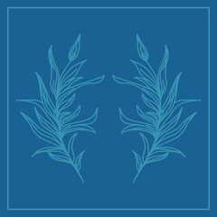 The composition is symmetrical with a frame and two stylized plant elements resembling branches with leaves, executed in light blue on a dark blue background.