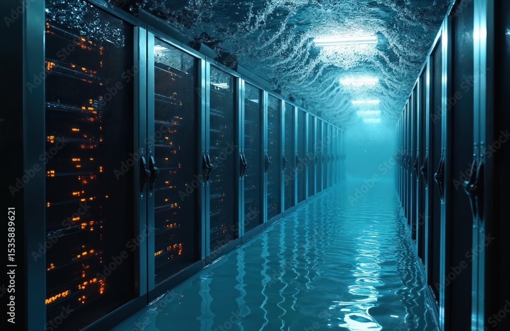 Poster server room flooded with water. data center under disaster. servers underwater. liquid cooling conce