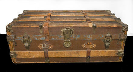 Old, treasure chest from 1940 isolated on white and black. 