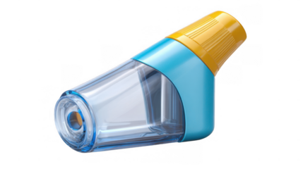 Blue and yellow plastic dry powder inhaler device lying on a transparent background, offering relief and promoting respiratory health for individuals with asthma or breathing difficulties