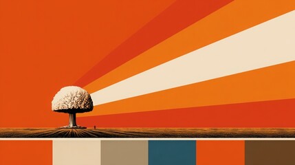 Surreal illustration of a nuclear explosion resembling a tree, with vibrant orange background and rays of light, symbolizing destruction and rebirth in a striking visual narrative