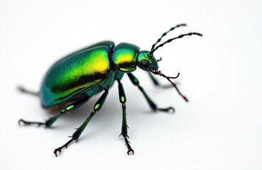 Close-up shot of colorful metallic beetle Bronzovka insect isolated on white. Vibrant green and gold hues highlight exoskeleton, antennas, legs. Wildlife nature, macro shot.
