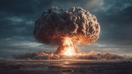 Nuclear explosion with massive mushroom cloud rising dramatically against a darkened sky, illuminating the surrounding landscape with fiery orange and yellow hues, showcasing the power of destruction