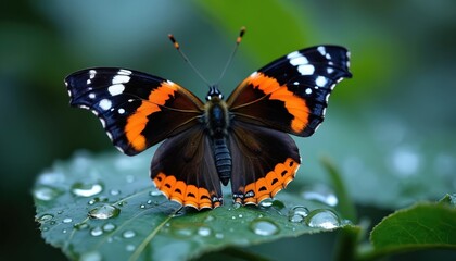 Obraz premium Beautiful butterfly with orange, black, white markings sits on green leaf with water drops. Insect macro photo. Butterfly wings open, insect details. Nature, summer day.