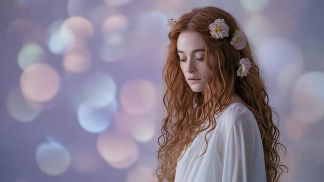Young woman with red hair and flowers in hair posing against pastel bokeh background