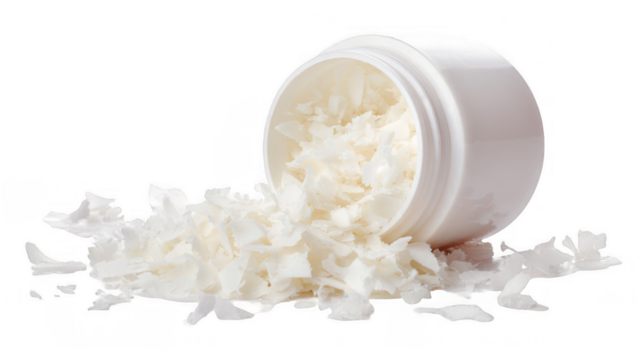 Spilling coconut flakes from an overturned white plastic jar onto a transparent background, creating a textured image ideal for food, cosmetics, or crafts
