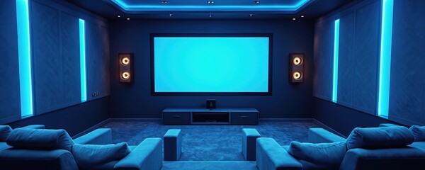 Luxury home cinema with large projection screen. Comfortable seating, ambient blue lighting creates immersive cinematic experience, perfect entertainment spot at home. Modern tech for movie nights.