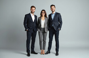 Three cheerful business people stand confidently in suits smiling at camera on grey background. Young, diverse team in formal wear. Successful business concept. Collaboration teamwork, corporate.