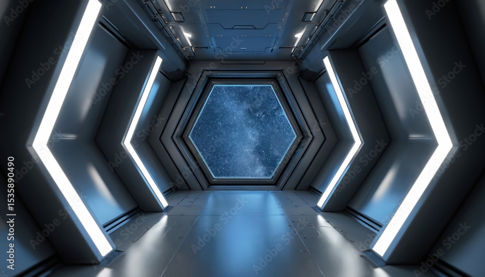 Poster futuristic spaceship corridor with hexagon window view to galaxy. metal interior design with blue li