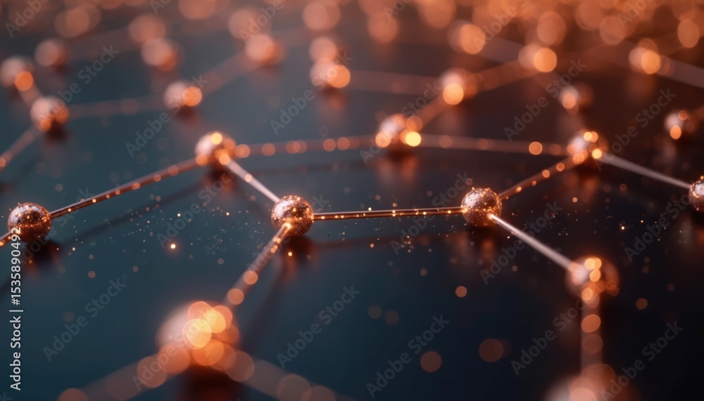 Aufkleber Abstract copper network connection nodes on dark background. Elegant geometric design for tech business website. Modern illustration represents digital cyberspace, global network. Sophisticated