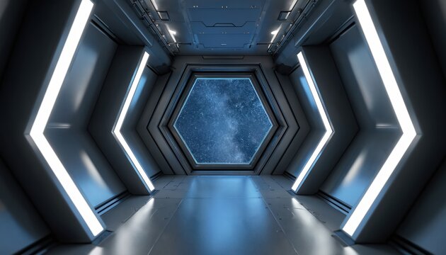 Futuristic spaceship corridor with hexagon window view to galaxy. Metal interior design with blue light. Science fiction space travel concept with starfield night sky. - Powered by Adobe