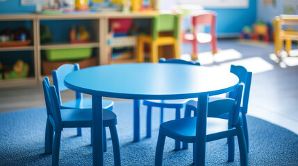 Circular blue kidsâ€™ table with four surrounding chairs placed in a children's activity zone