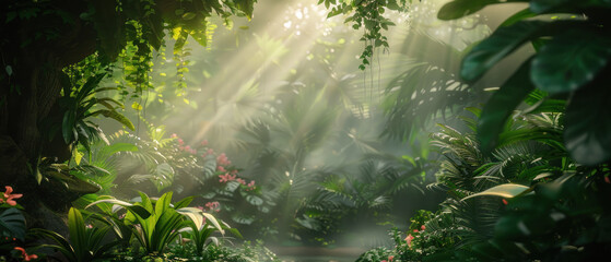 Lush tropical rainforest with sunbeams and mist, cinematic jungle background. 
