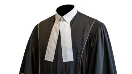 Close up of a canadian lawyer's gown and tabs, displayed against a transparent background, emphasizing the attire's details and symbolism within the legal profession