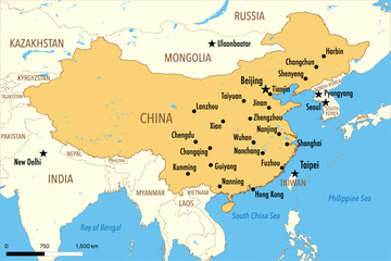 Fototapeta premium Vector Map of China with Major Cities and Neighboring Countries – Editable Illustration