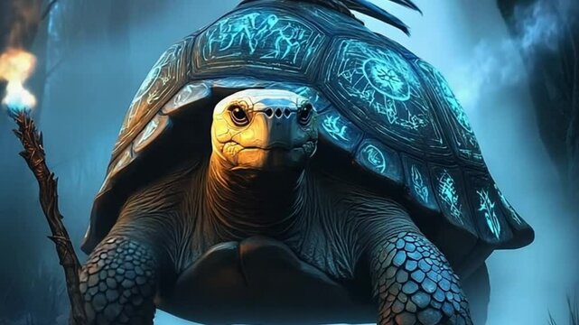 Majestic turtle adorned with mystical patterns swimming in a serene underwater environment