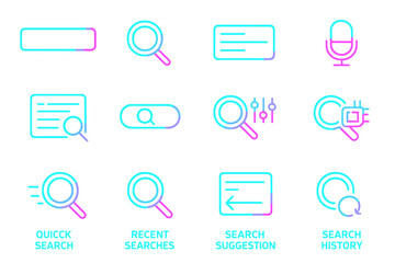Neon blue and pink search icons on dark background