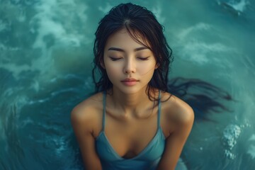 Woman relaxing in calm waters while enjoying a serene moment during sunset at a picturesque beach