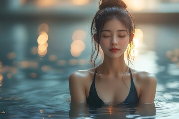Woman relaxing in calm waters while enjoying a serene moment during sunset at a picturesque beach